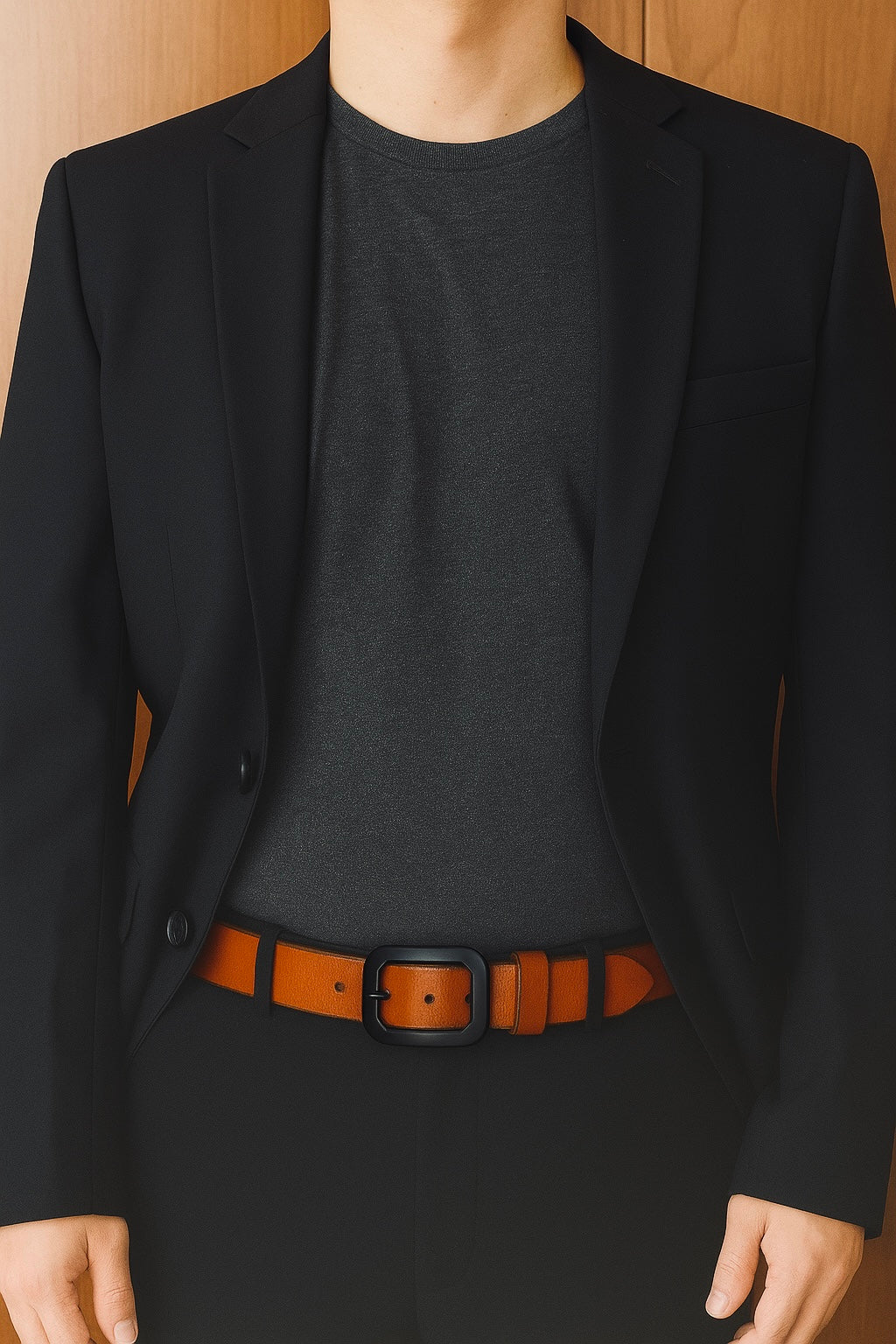 Classic Light Brown Leather Belt with Black Buckle