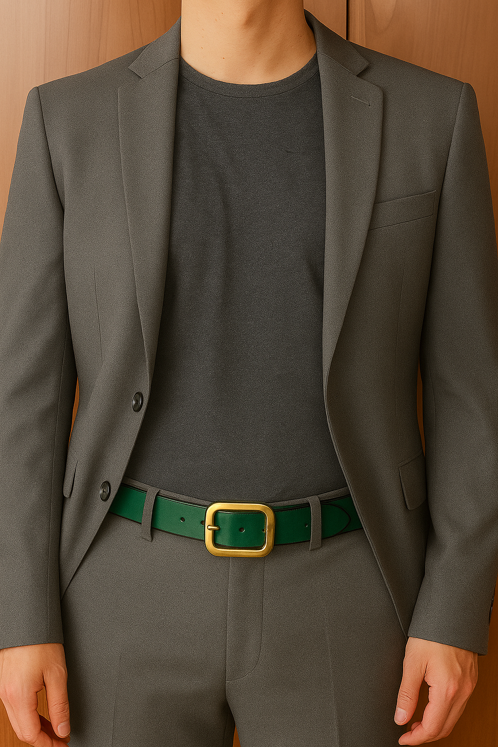Classic Green Leather Belt with Natural Brass Buckle