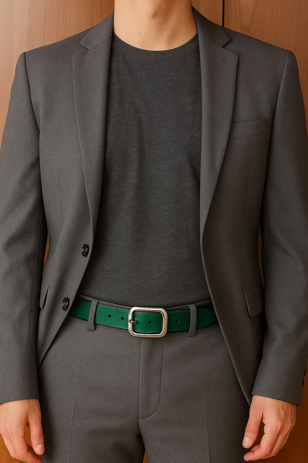 Classic Green Leather Belt with Nickel Plated Brass Buckle
