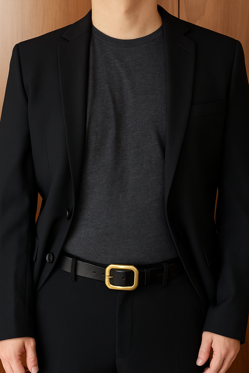 Classic Black Leather Belt with Natural Brass Buckle