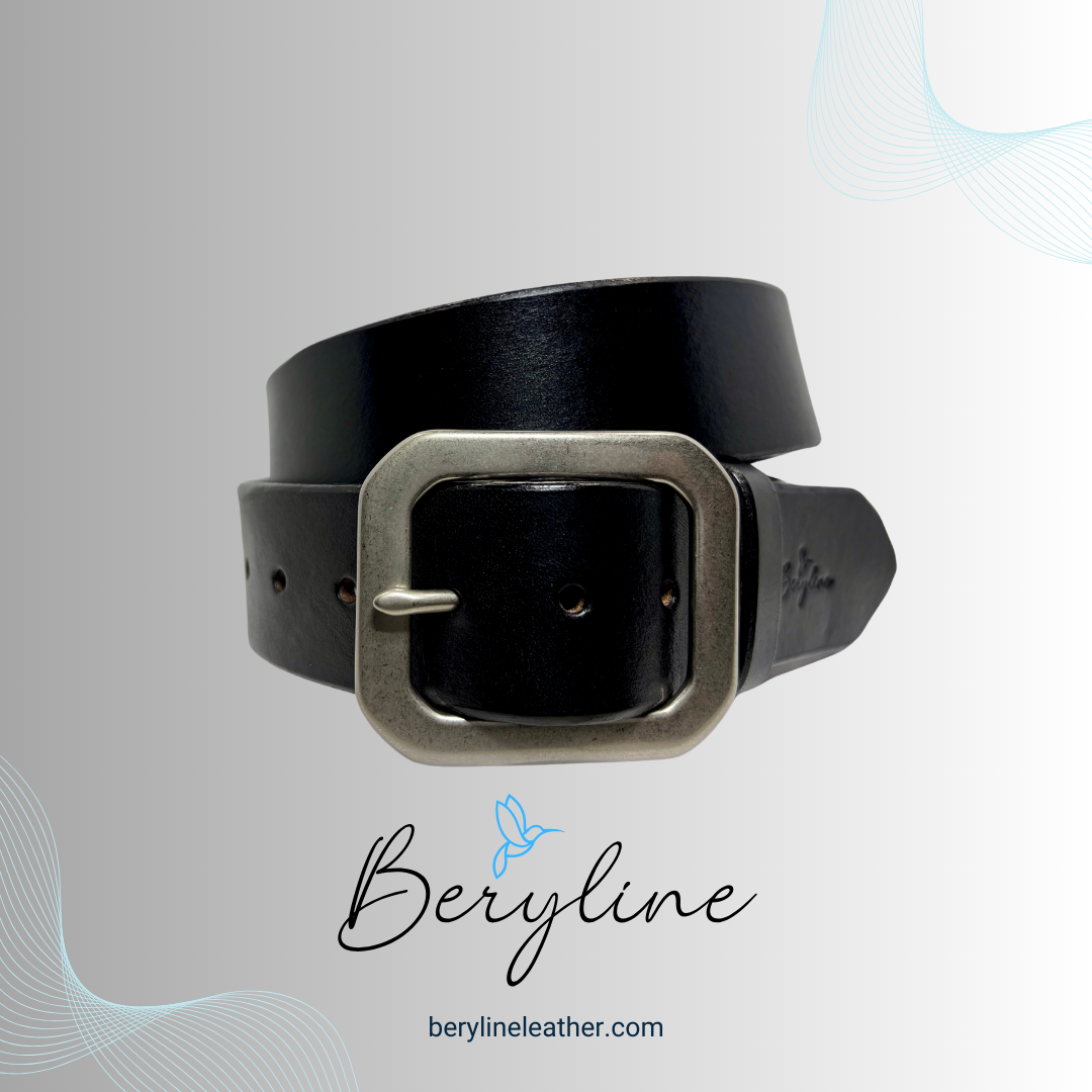 Classic Black Leather Belt with Matte Nickel Brass Buckle