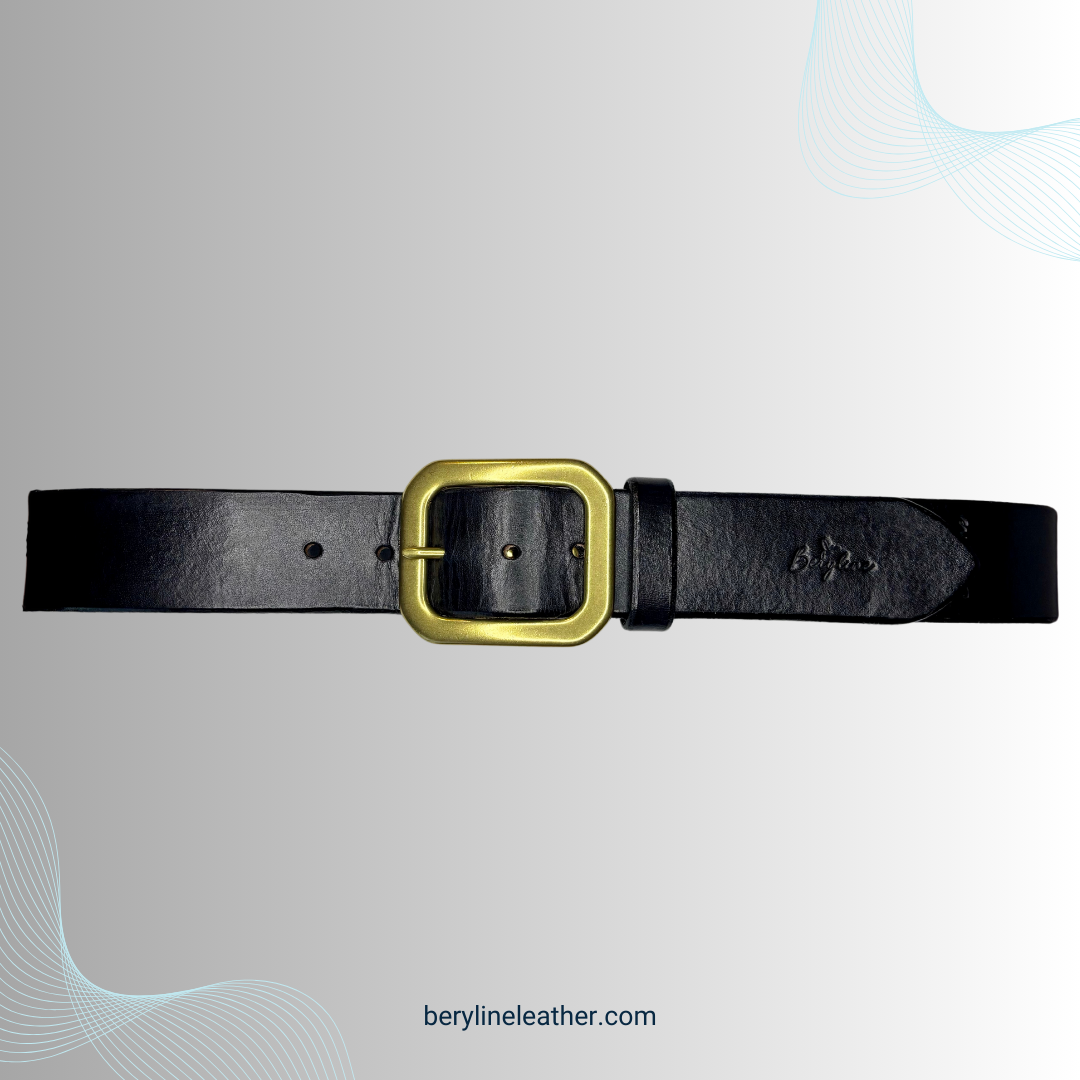 Classic Black Leather Belt with Natural Brass Buckle