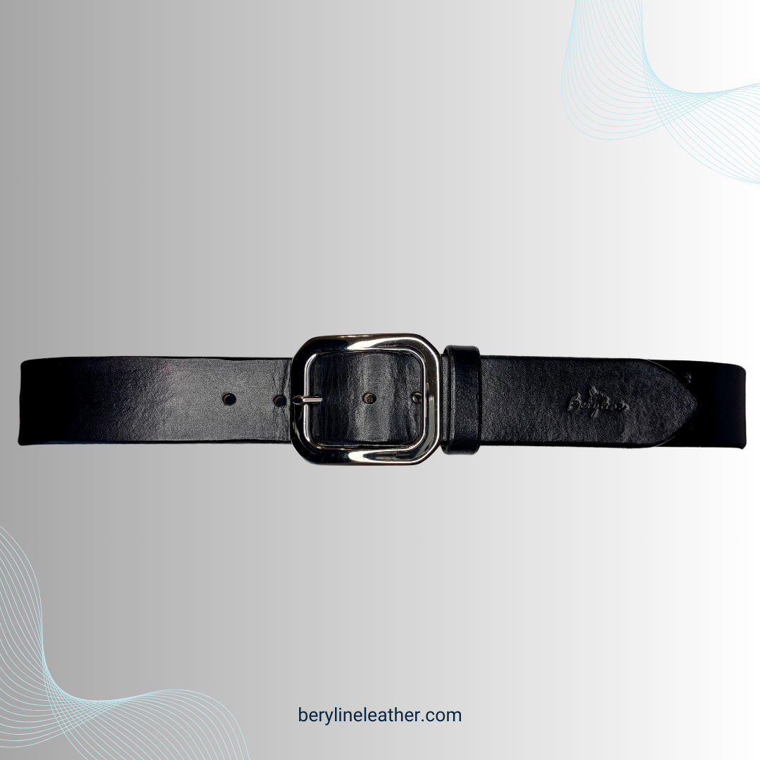 Classic Black Leather Belt with Nickel Plated Brass Buckle