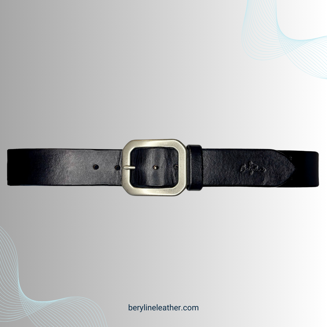 Classic Black Leather Belt with Matte Nickel Brass Buckle