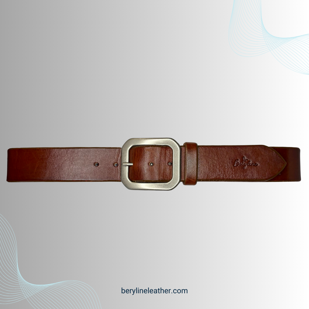Classic Brown Leather Belt with Matte Nickel Brass Buckle