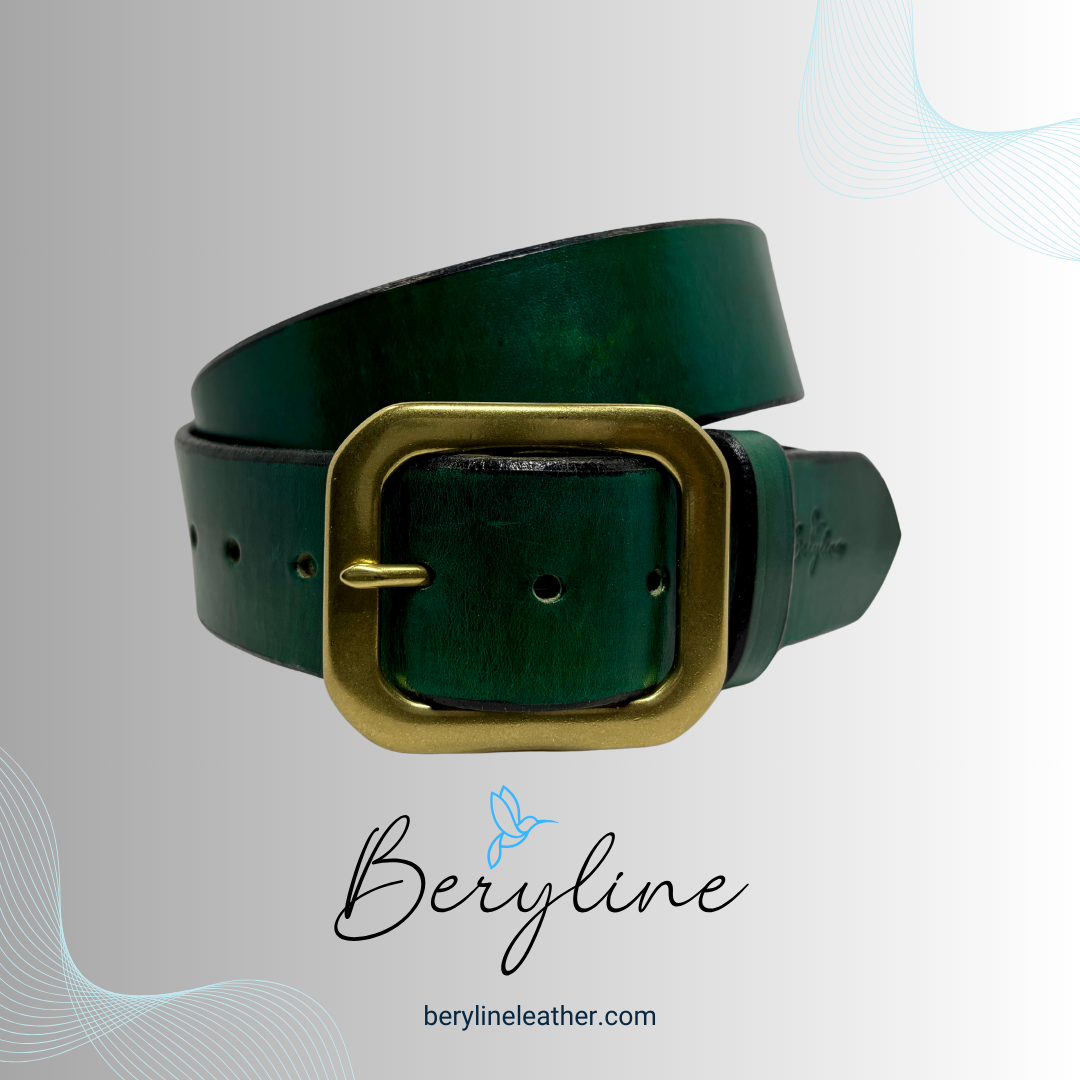 Classic Green Leather Belt with Natural Brass Buckle