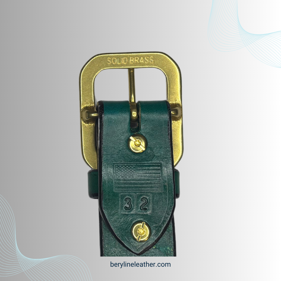 Classic Green Leather Belt with Natural Brass Buckle