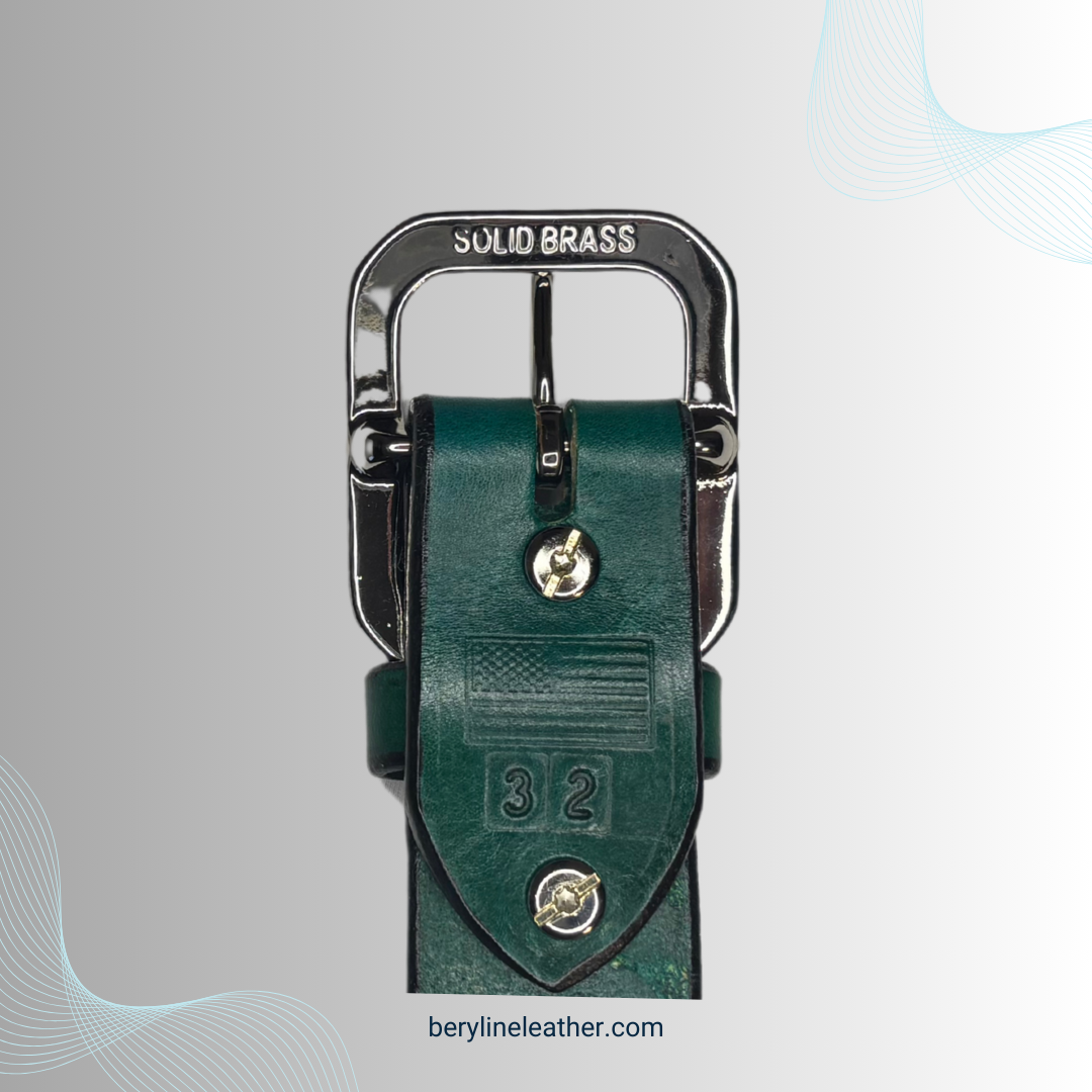 Classic Green Leather Belt with Nickel Plated Brass Buckle