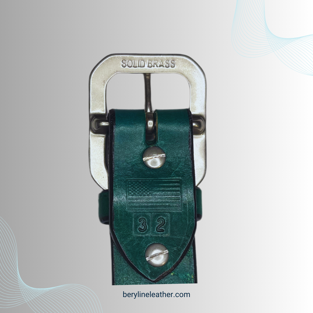 Classic Green Leather Belt with Matte Nickel Brass Buckle