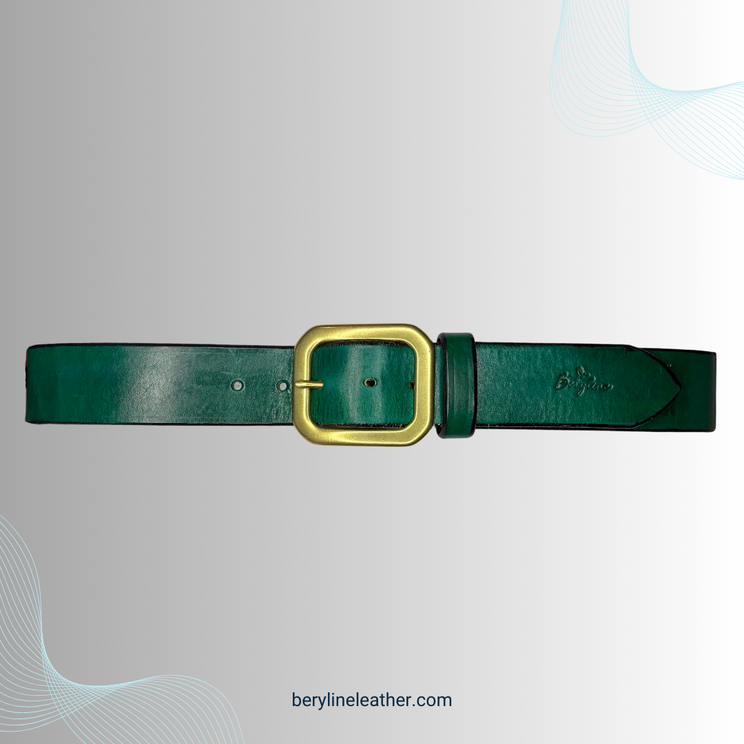 Classic Green Leather Belt with Natural Brass Buckle