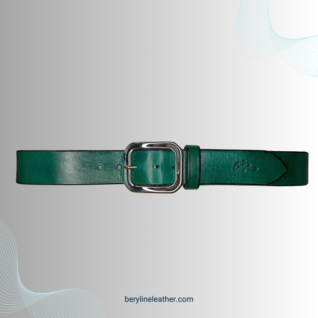 Classic Green Leather Belt with Nickel Plated Brass Buckle