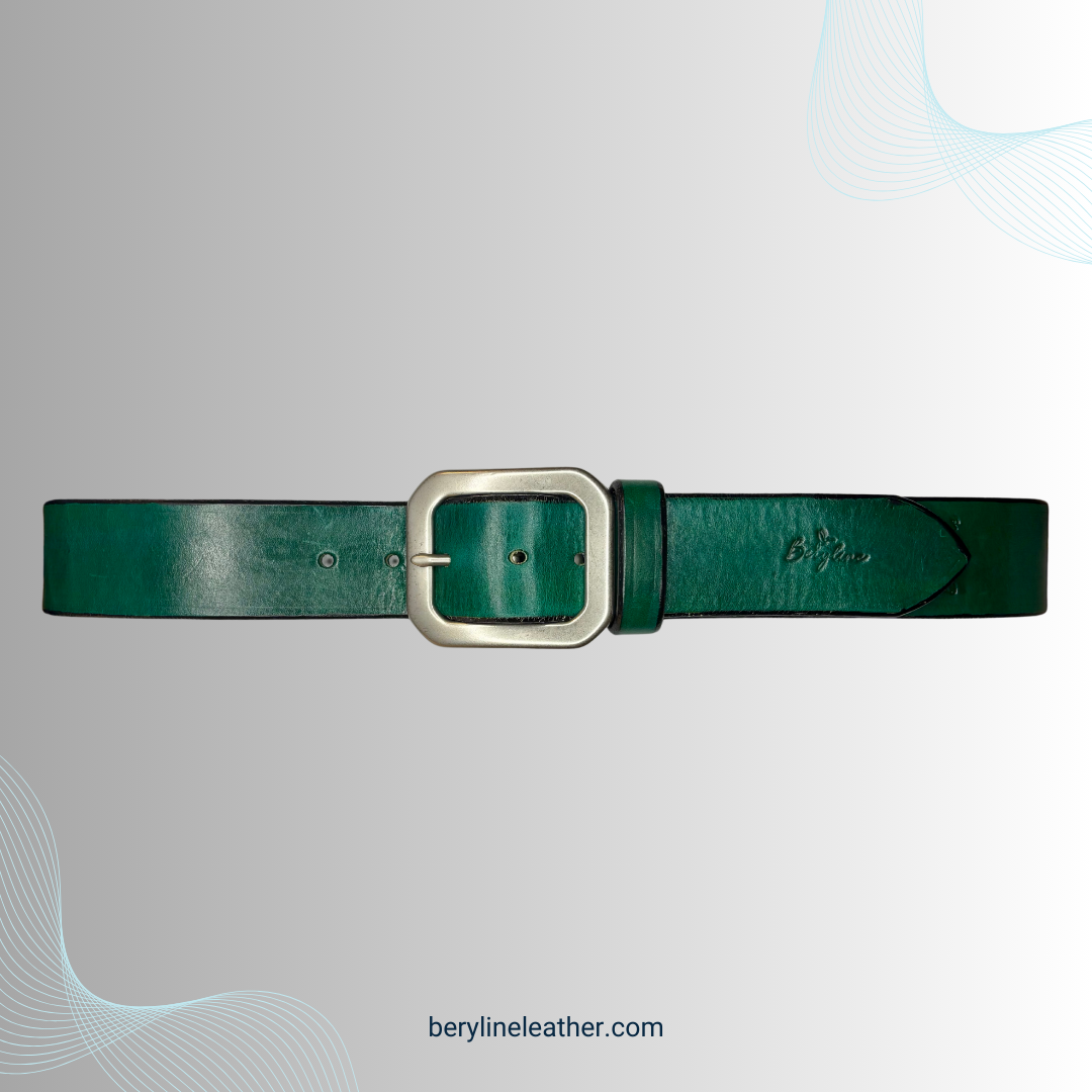 Classic Green Leather Belt with Matte Nickel Brass Buckle