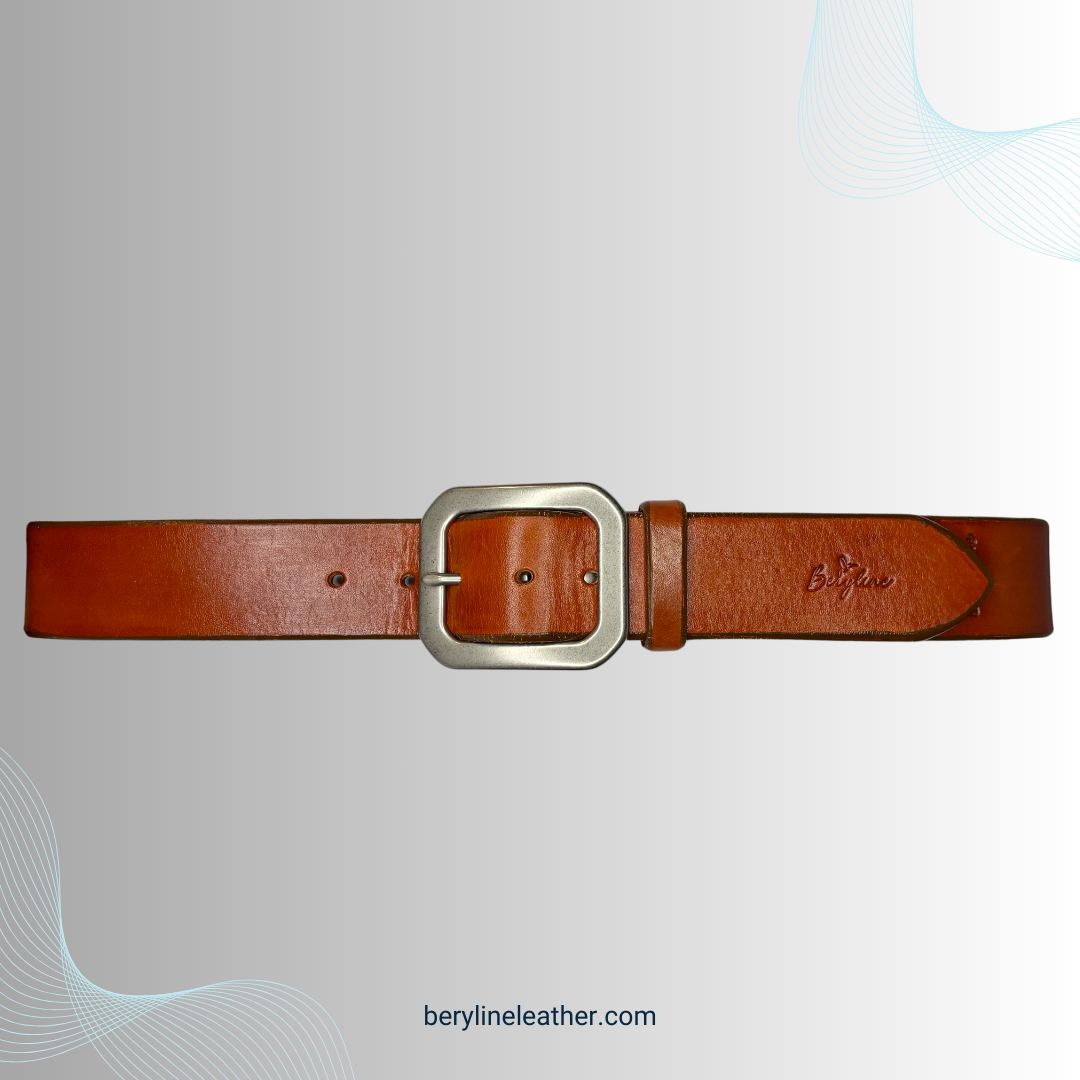 Classic Light Brown Leather Belt with Matte Nickel Brass Buckle