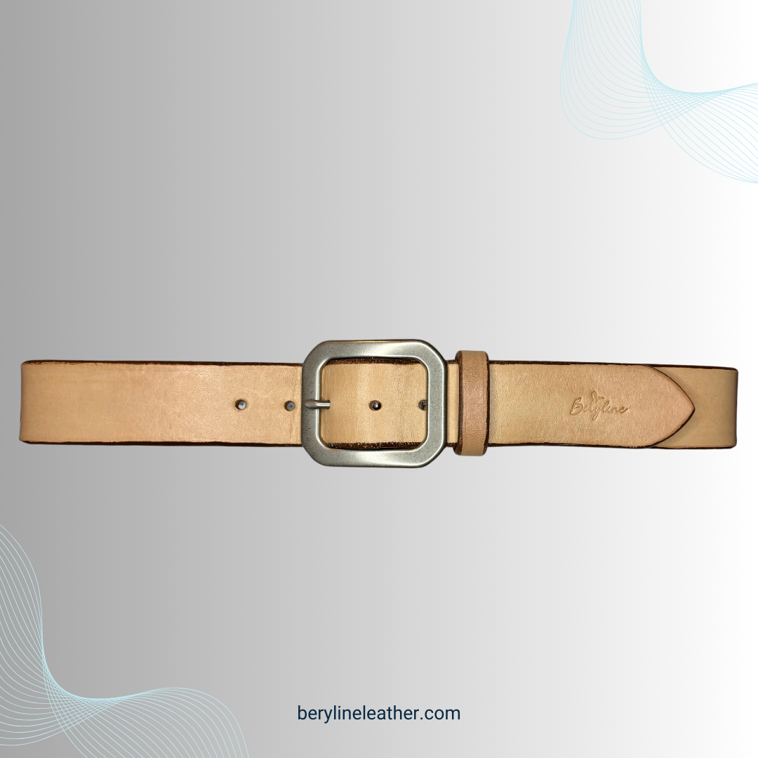 Classic Natural Leather Belt with Matte Nickel Brass Buckle