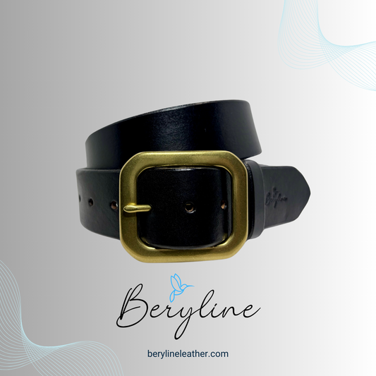 Classic Black Leather Belt with Natural Brass Buckle