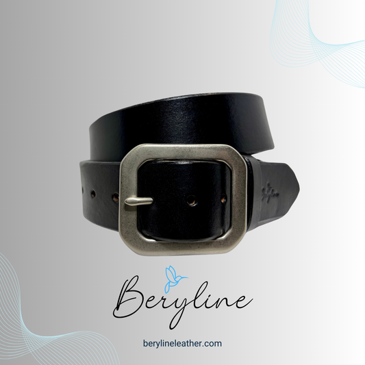 Classic Black Leather Belt with Matte Nickel Brass Buckle