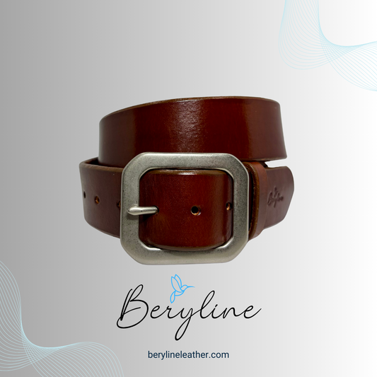 Classic Brown Leather Belt with Matte Nickel Brass Buckle
