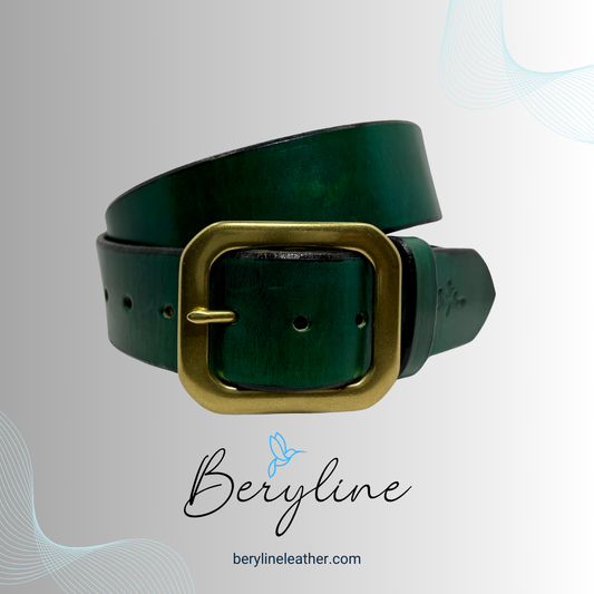 Classic Green Leather Belt with Natural Brass Buckle