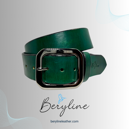 Classic Green Leather Belt with Nickel Plated Brass Buckle
