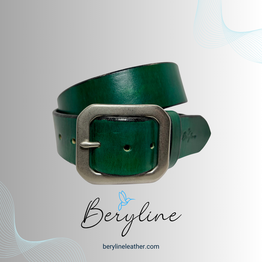Classic Green Leather Belt with Matte Nickel Brass Buckle
