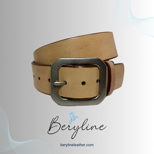 Classic Natural Leather Belt with Matte Nickel Brass Buckle